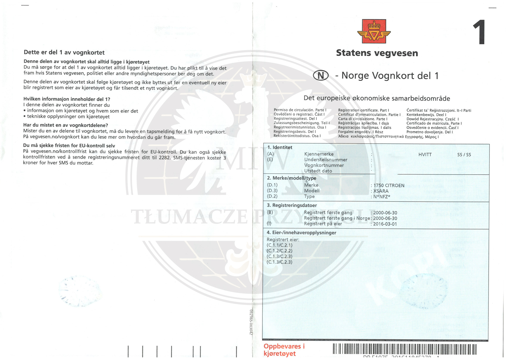 Dokumenty samochodowe z Norwegii